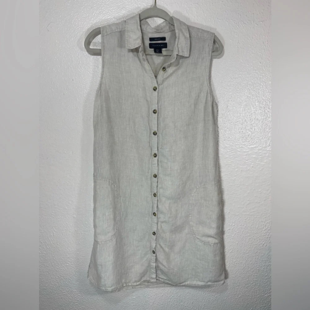 Tahari 100% Linen Beige Sleeveless Collared Button Down Shirt Dress Women Large - Picture 11 of 11